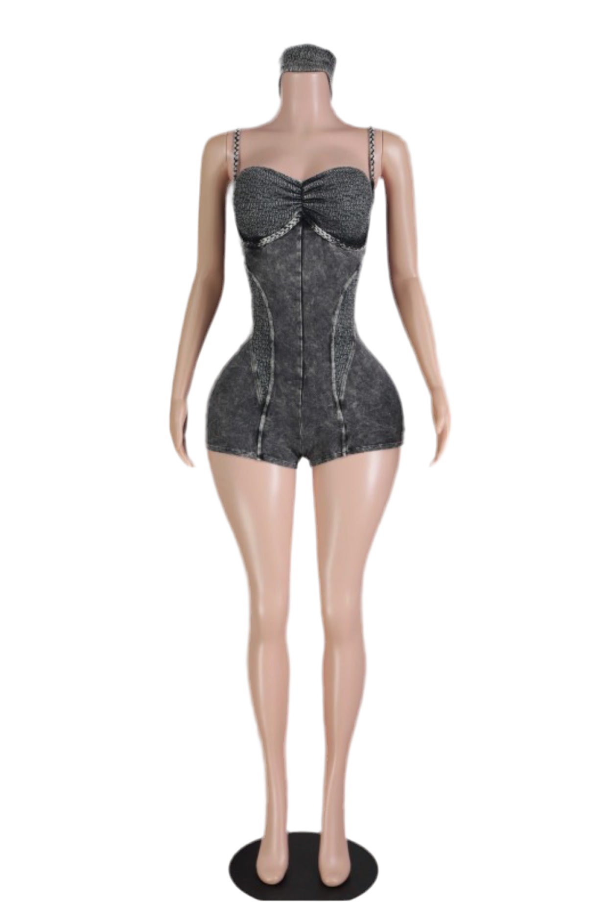 Sculpted seamless romper set with ruched bust and contour seams, shown in lavender, black, and rose pink with matching headbands on mannequin display.