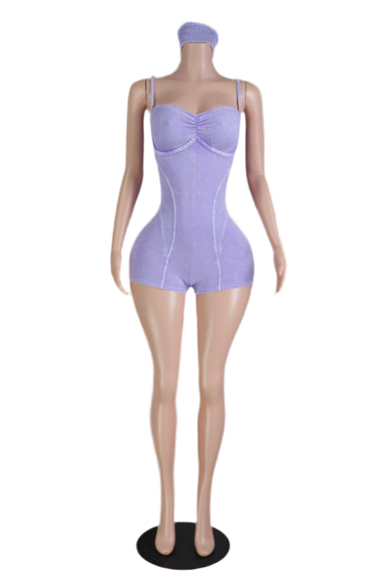 Sculpted seamless romper set with ruched bust and contour seams, shown in lavender, black, and rose pink with matching headbands on mannequin display.