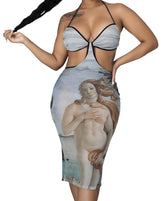 Woman wearing a halter cut-out midi dress featuring Botticelli’s "The Birth of Venus" art print with side cutouts and a body-hugging silhouette.