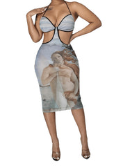 Woman wearing a halter cut-out midi dress featuring Botticelli’s "The Birth of Venus" art print with side cutouts and a body-hugging silhouette.
