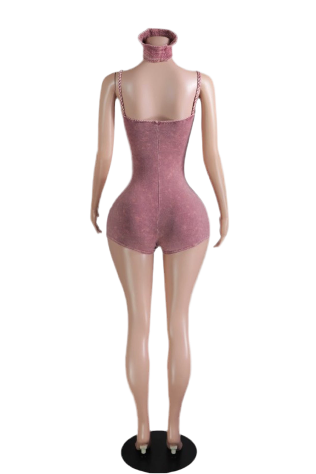 Sculpted seamless romper set with ruched bust and contour seams, shown in lavender, black, and rose pink with matching headbands on mannequin display.