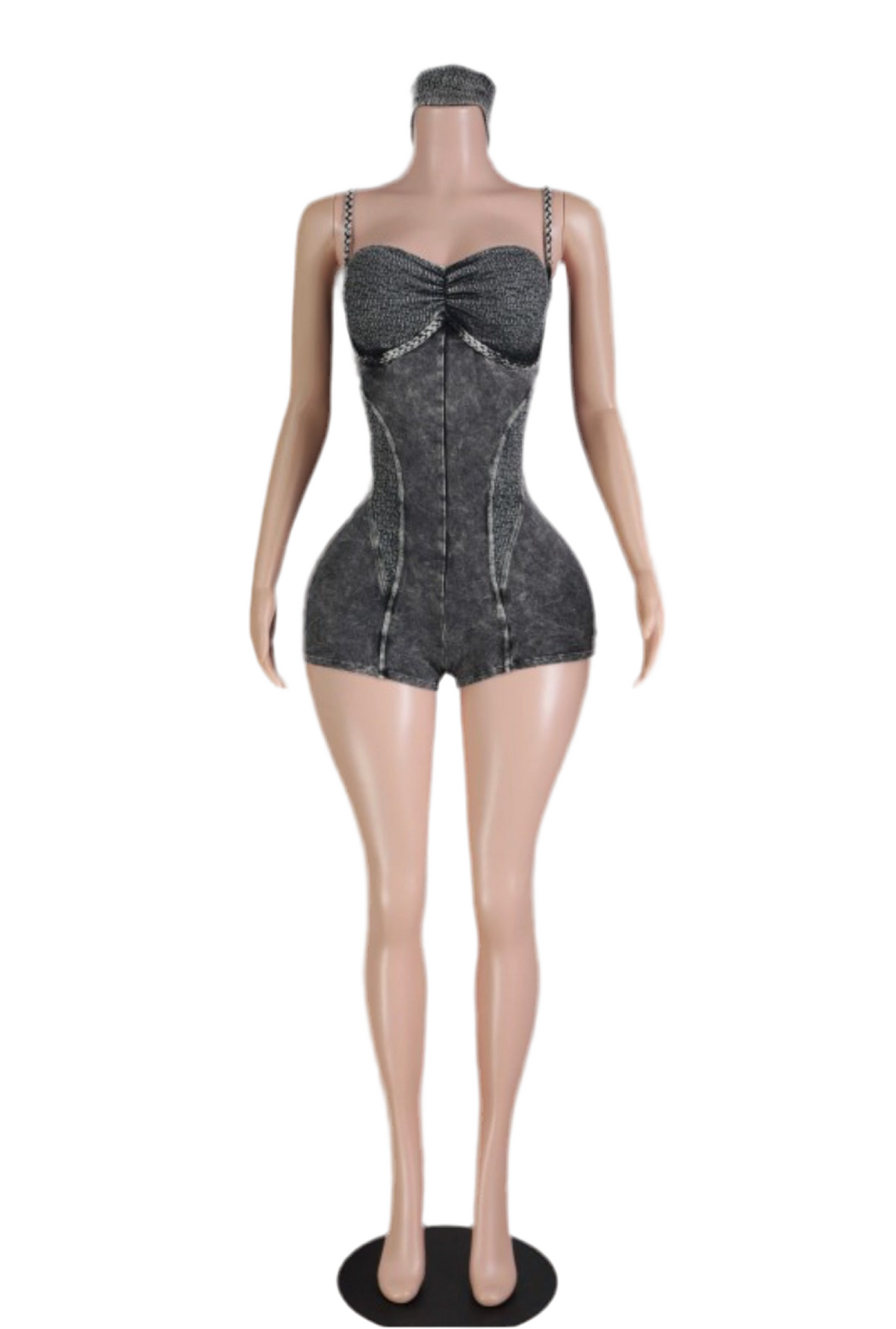 Sculpted seamless romper set with ruched bust and contour seams, shown in lavender, black, and rose pink with matching headbands on mannequin display.