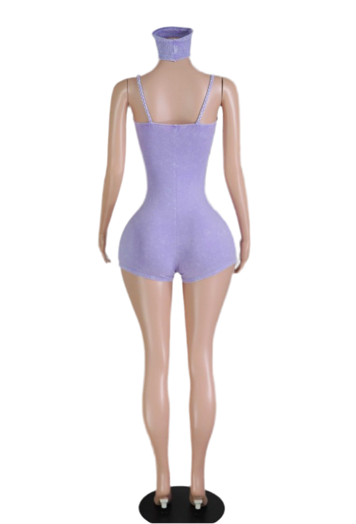 Sculpted seamless romper set with ruched bust and contour seams, shown in lavender, black, and rose pink with matching headbands on mannequin display.