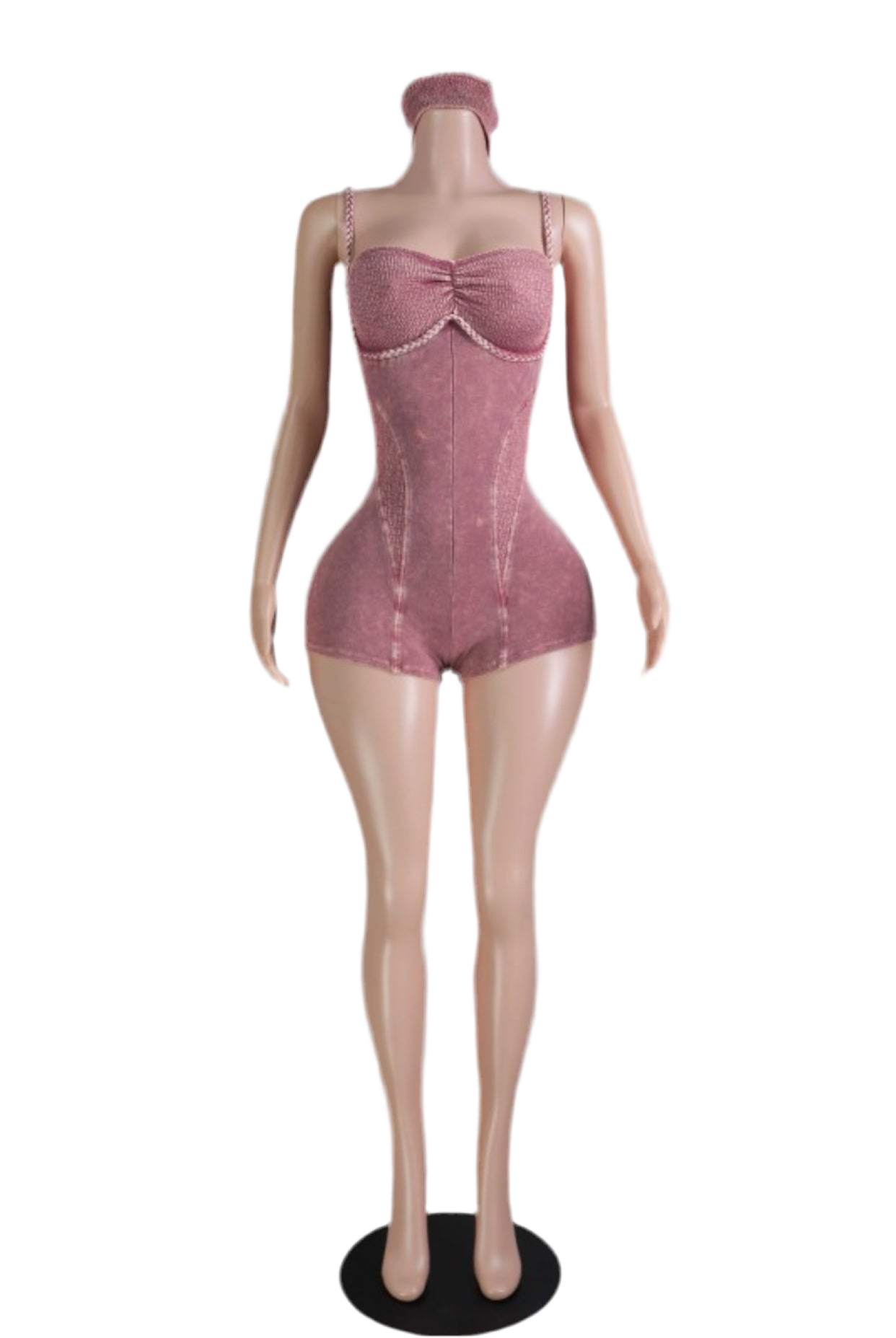 Sculpted seamless romper set with ruched bust and contour seams, shown in lavender, black, and rose pink with matching headbands on mannequin display.