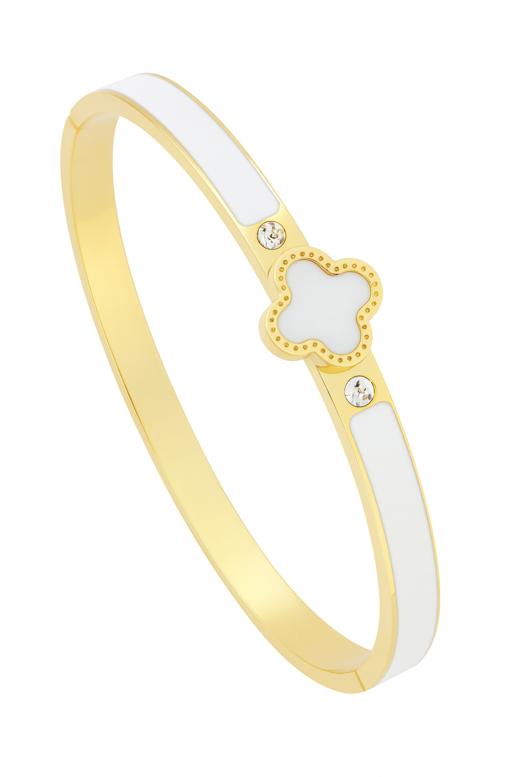 Gold and white bangle with a clover design on a white background