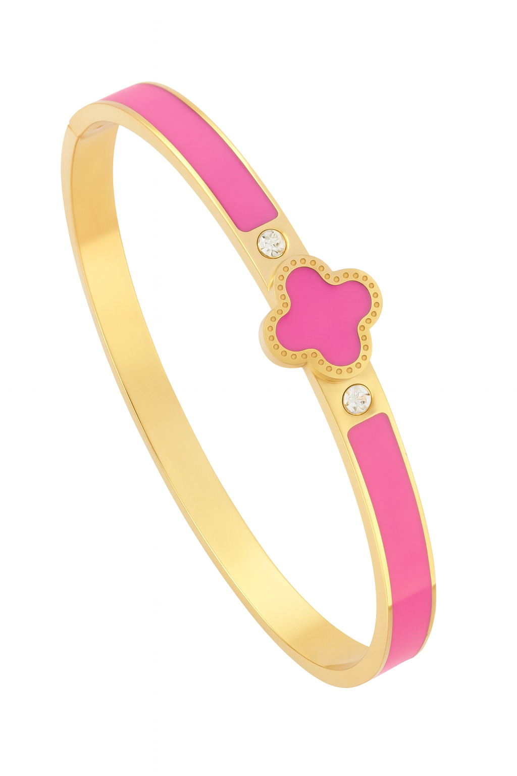 Gold bracelet with pink clover-shaped center and pink band on a white background