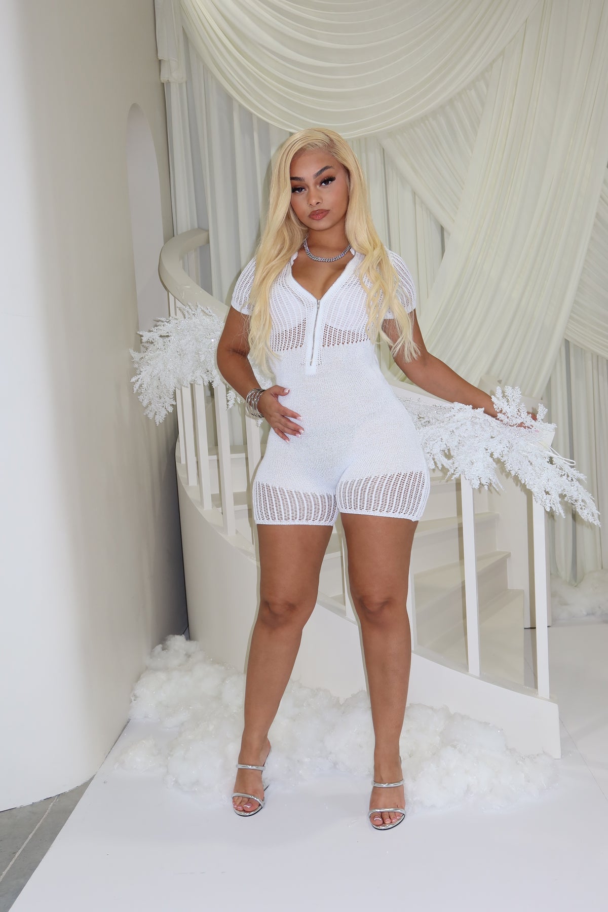 White Knit Zip Romper