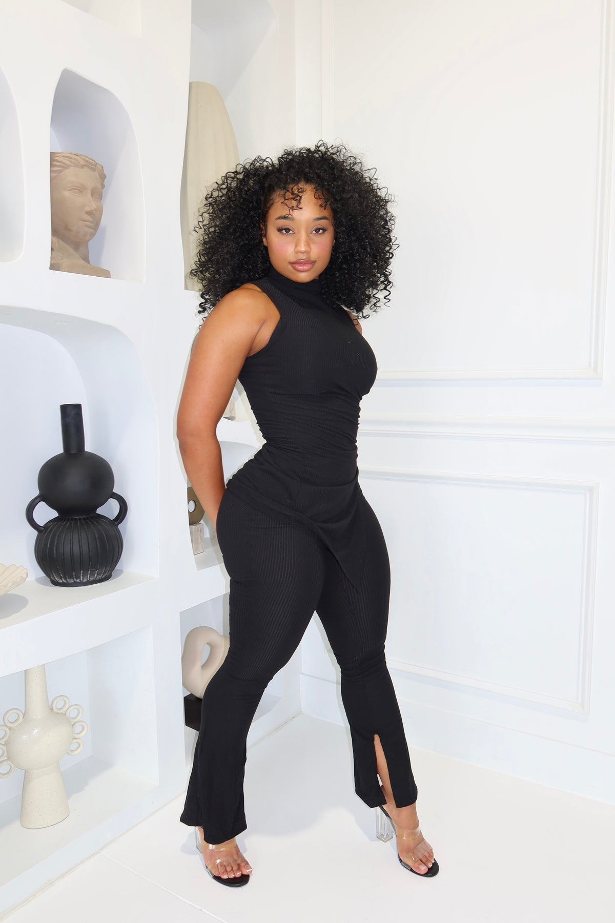 Black Ribbed Asymmetrical Set