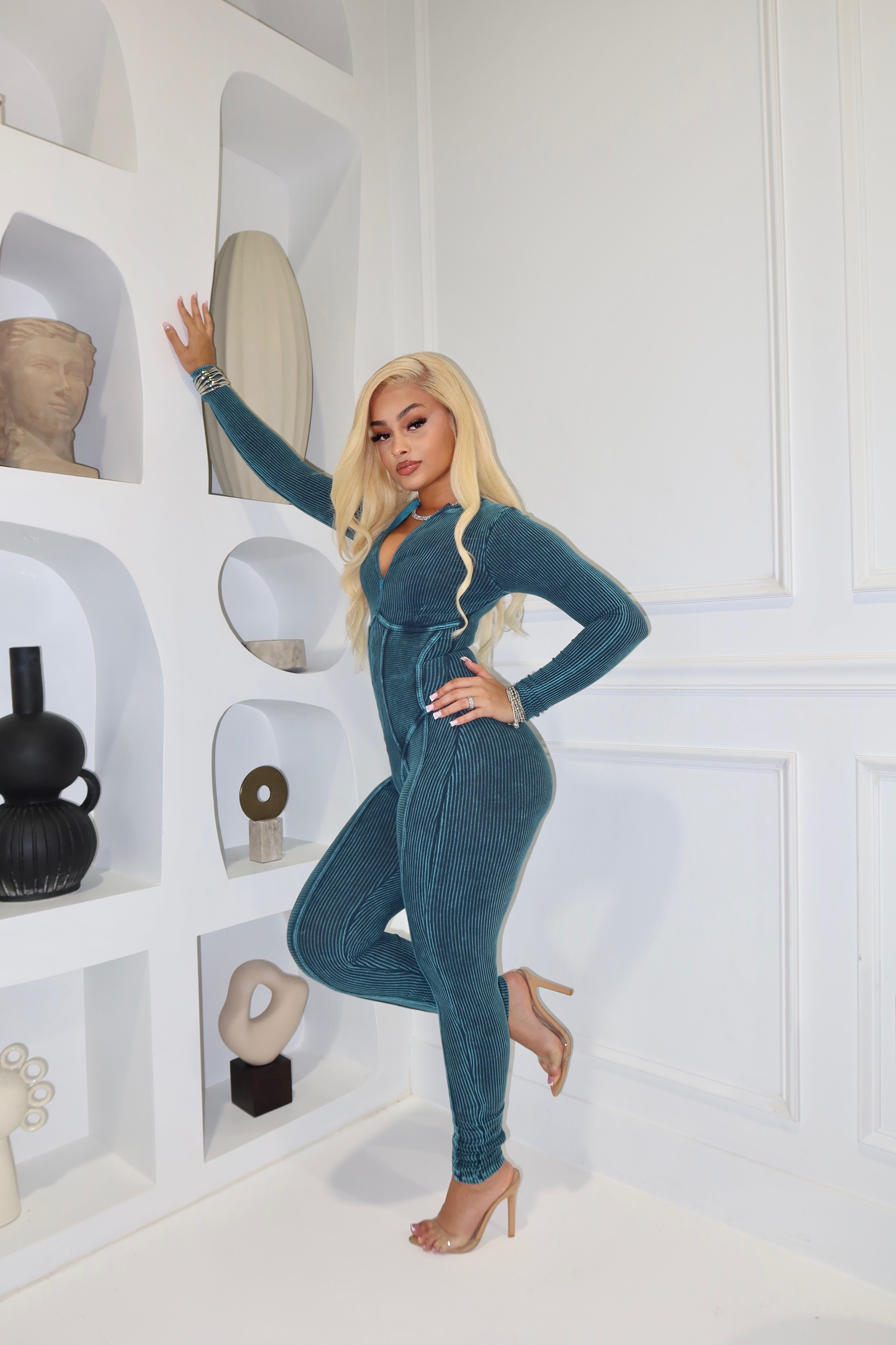 Ribbed Velvet Zip Jumpsuit