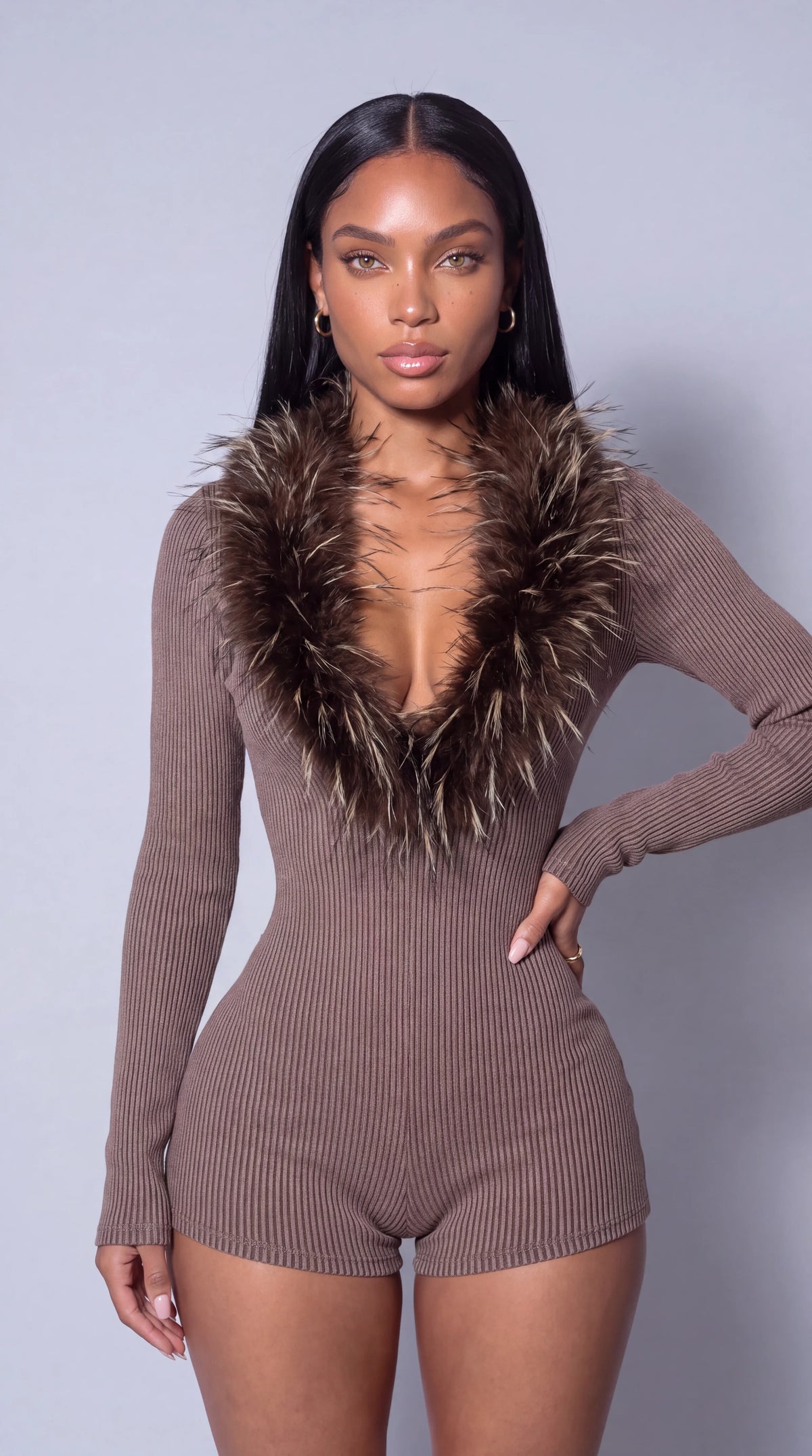 Cool Brown Fur Trim Romper