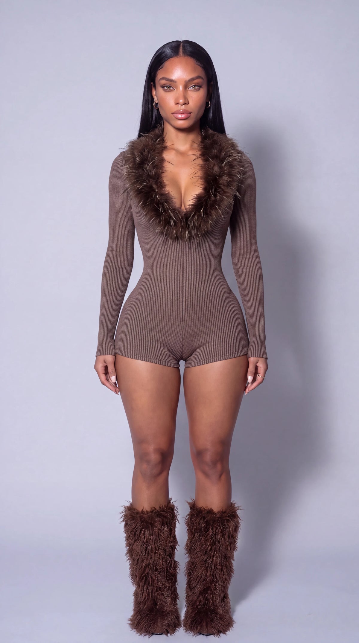 Cool Brown Fur Trim Romper