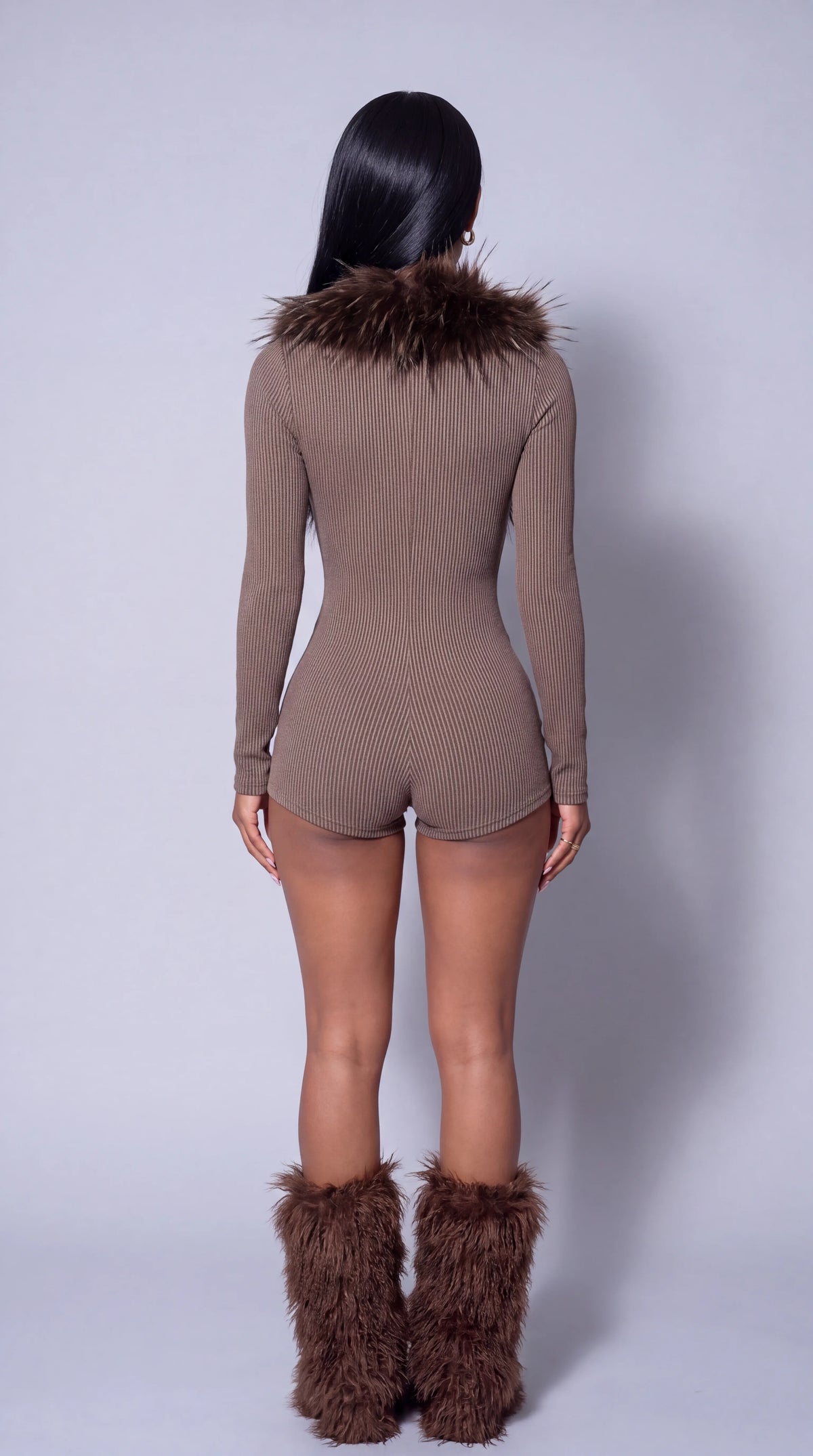 Cool Brown Fur Trim Romper