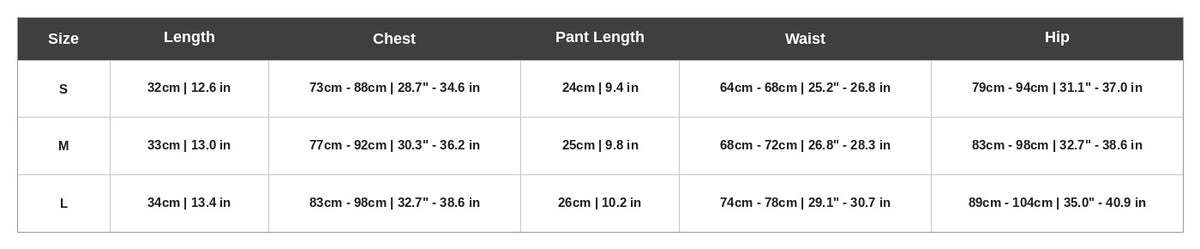 A size chart table for a dog coat brush, showing sizes S, M, and L with corresponding measurements for length, chest, paint length, waist, and hip.