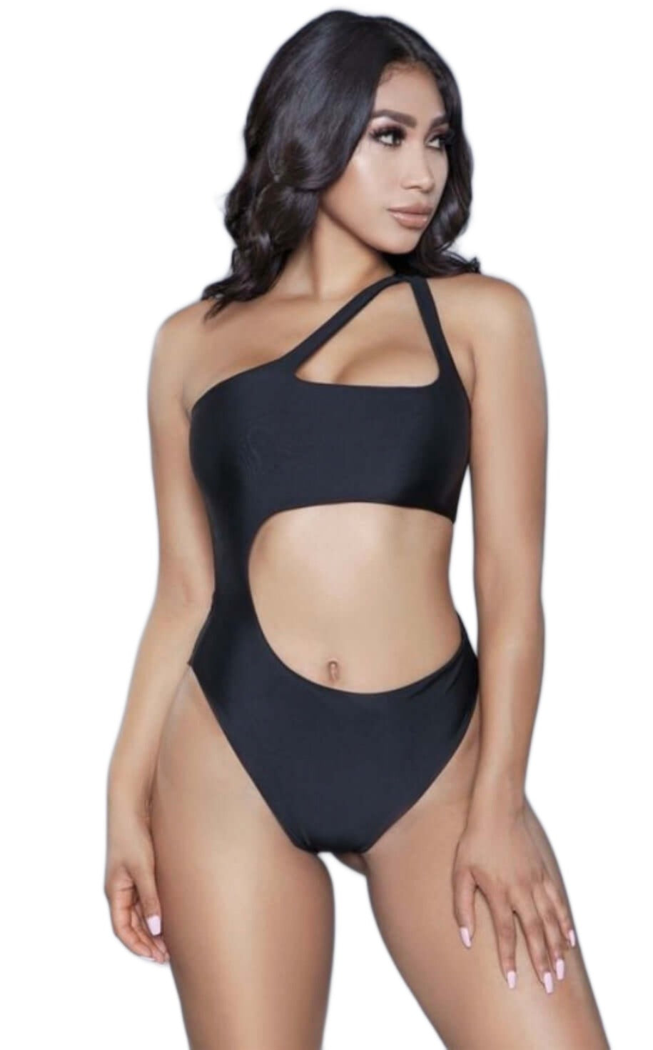 Woman wearing a black one-shoulder cut-out monokini swimsuit featuring an asymmetrical neckline and front midriff cut-out.