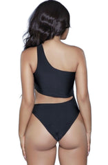 Woman wearing a black one-shoulder cut-out monokini swimsuit featuring an asymmetrical neckline and front midriff cut-out.